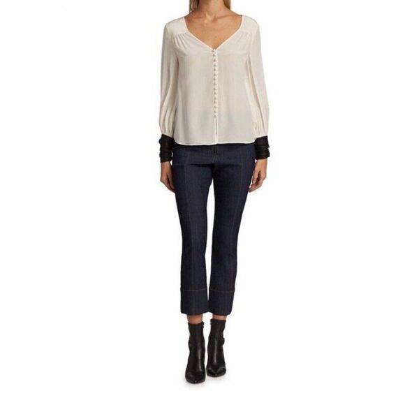 Cinq à Sept Francis Silk Blouse Faux Leathers Cuff Button Front Ivory/Black - Picture 8 of 16